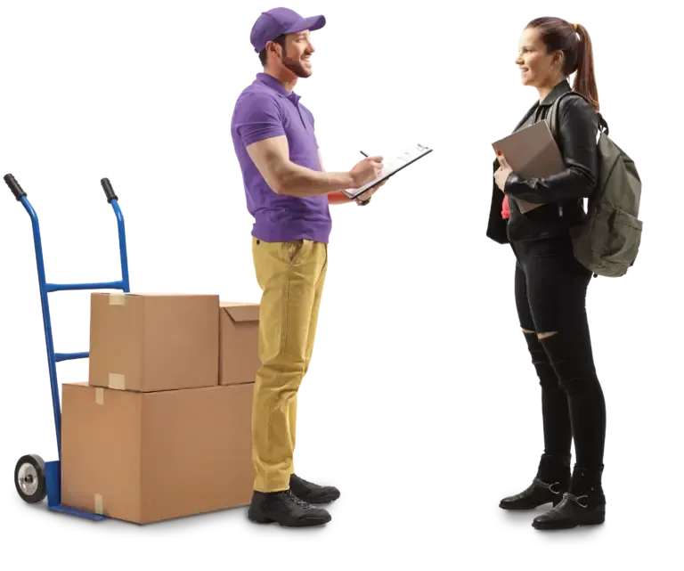 Delivery person in purple uniform with clipboard, boxes on cart, talking with woman.
