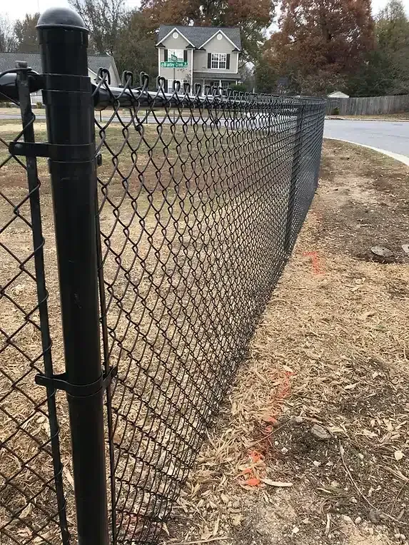 Black chain-link fence in front of a house and a street.