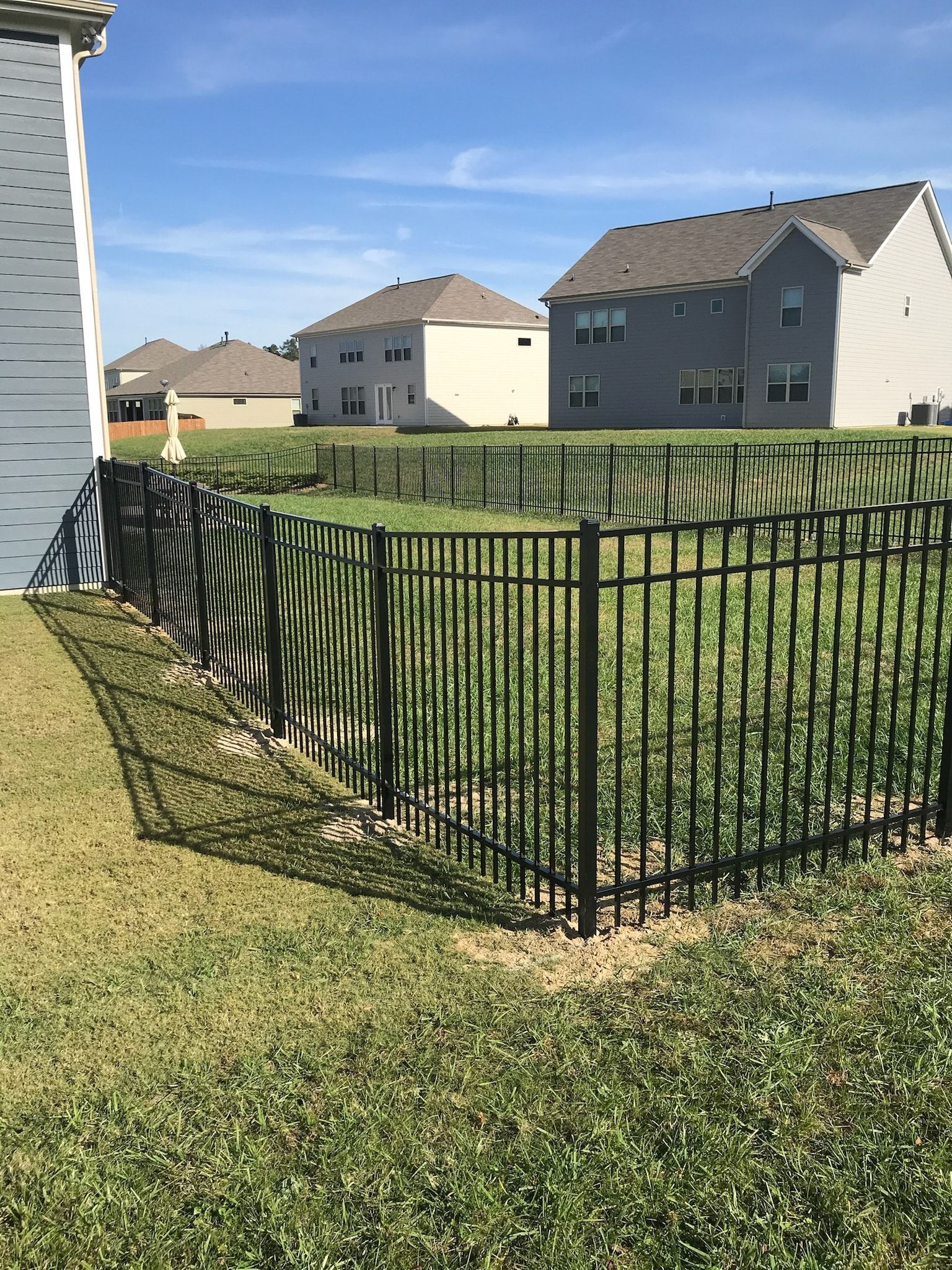 Black metal fence in a grassy backyard, with houses in the distance under a blue sky.