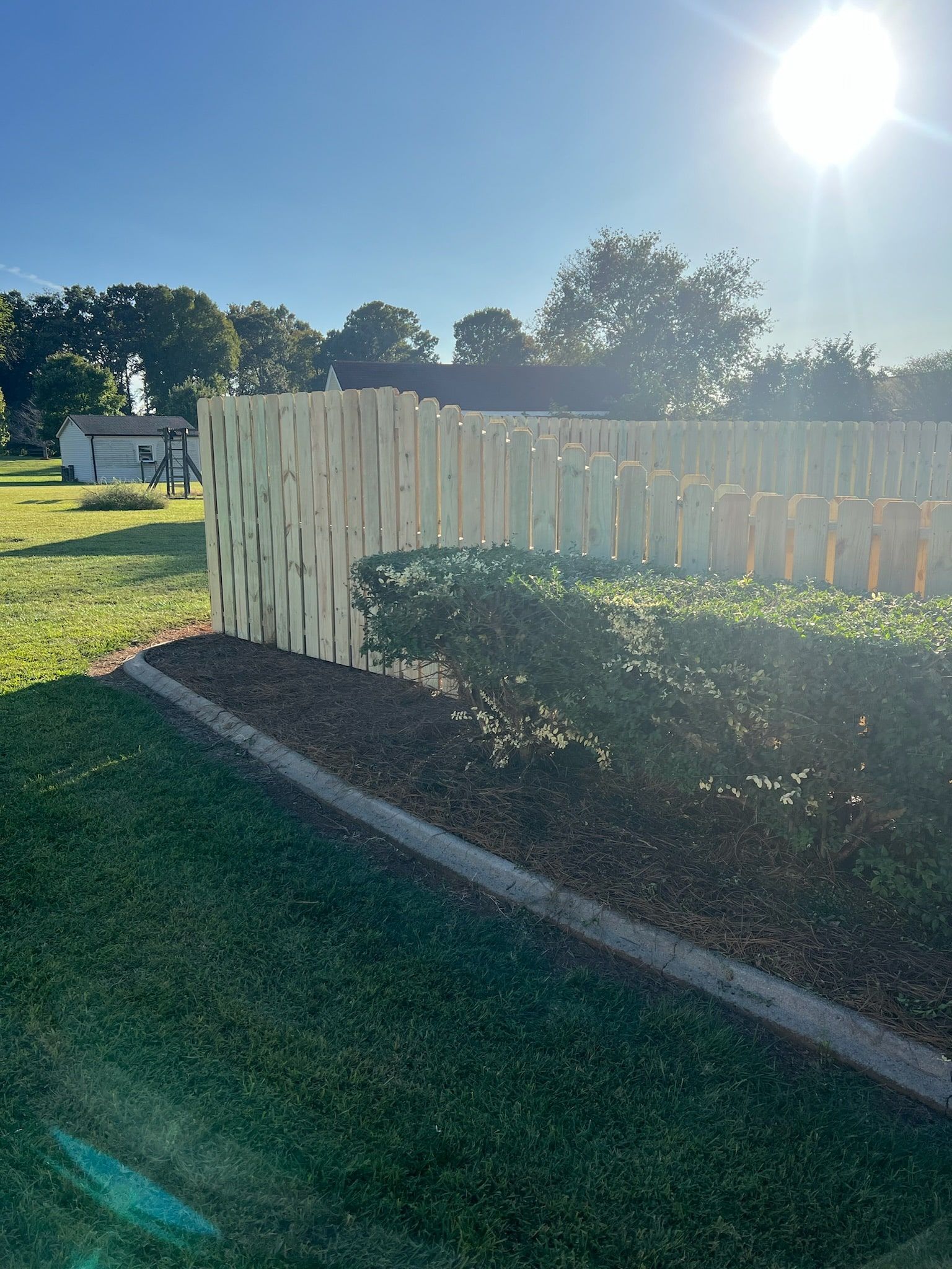 Wooden fence in a sunny yard, with trimmed bushes in front.