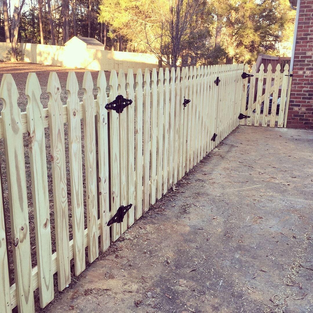 White picket fence with black hinges and gate in a yard.