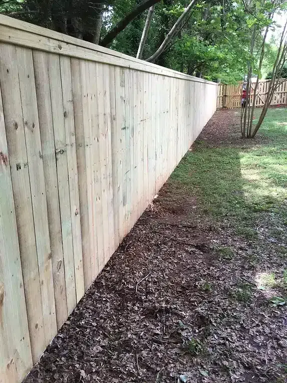 Wooden fence in a backyard, grass and dirt below. Green trees in the background.