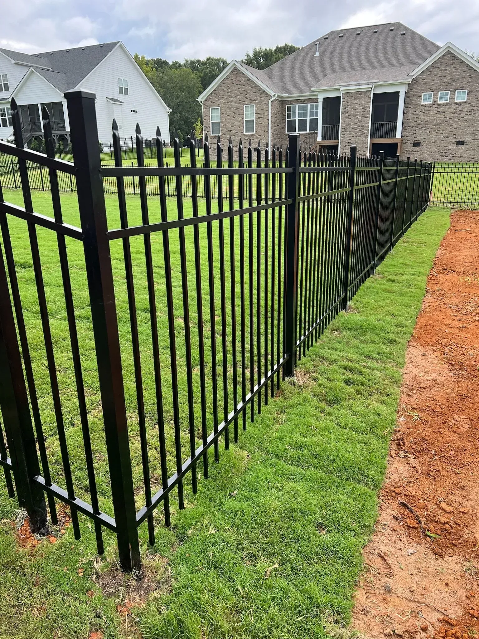 Black metal fence bordering green grass and brown dirt with houses in the background.