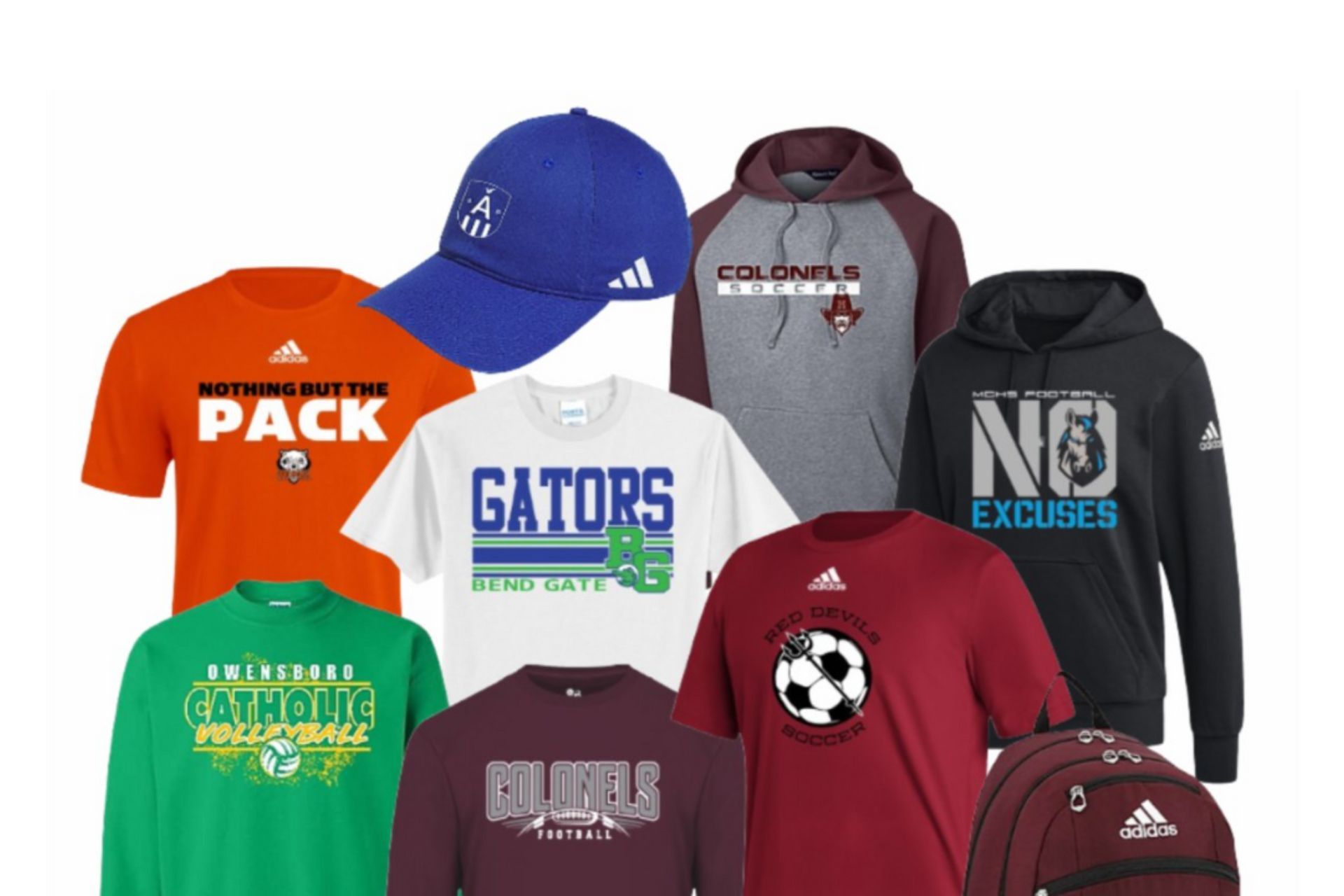 Assortment of apparel: hats, t-shirts, sweatshirts, backpack, in various colors and designs, featuring team logos and slogans.