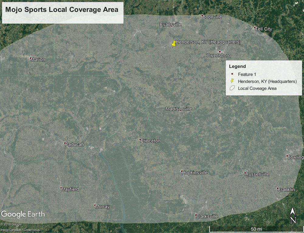 Map of Mojo Sports local coverage area, gray region over aerial view of land, includes a legend with two locations.