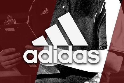 Adidas logo superimposed over a coach holding a clipboard.