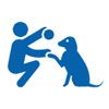 Blue stick figure playing with a dog, holding a ball and extending a hand for a paw shake.