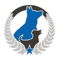Blue and black dog silhouettes inside laurel wreath with a blue star at the bottom.