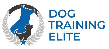Logo: blue dog silhouette over black dog silhouette, within wreath, "DOG TRAINING ELITE" in blue.