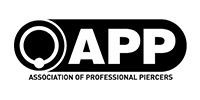 APP logo with black circular icon and bold black text, Association of Professional Piercers