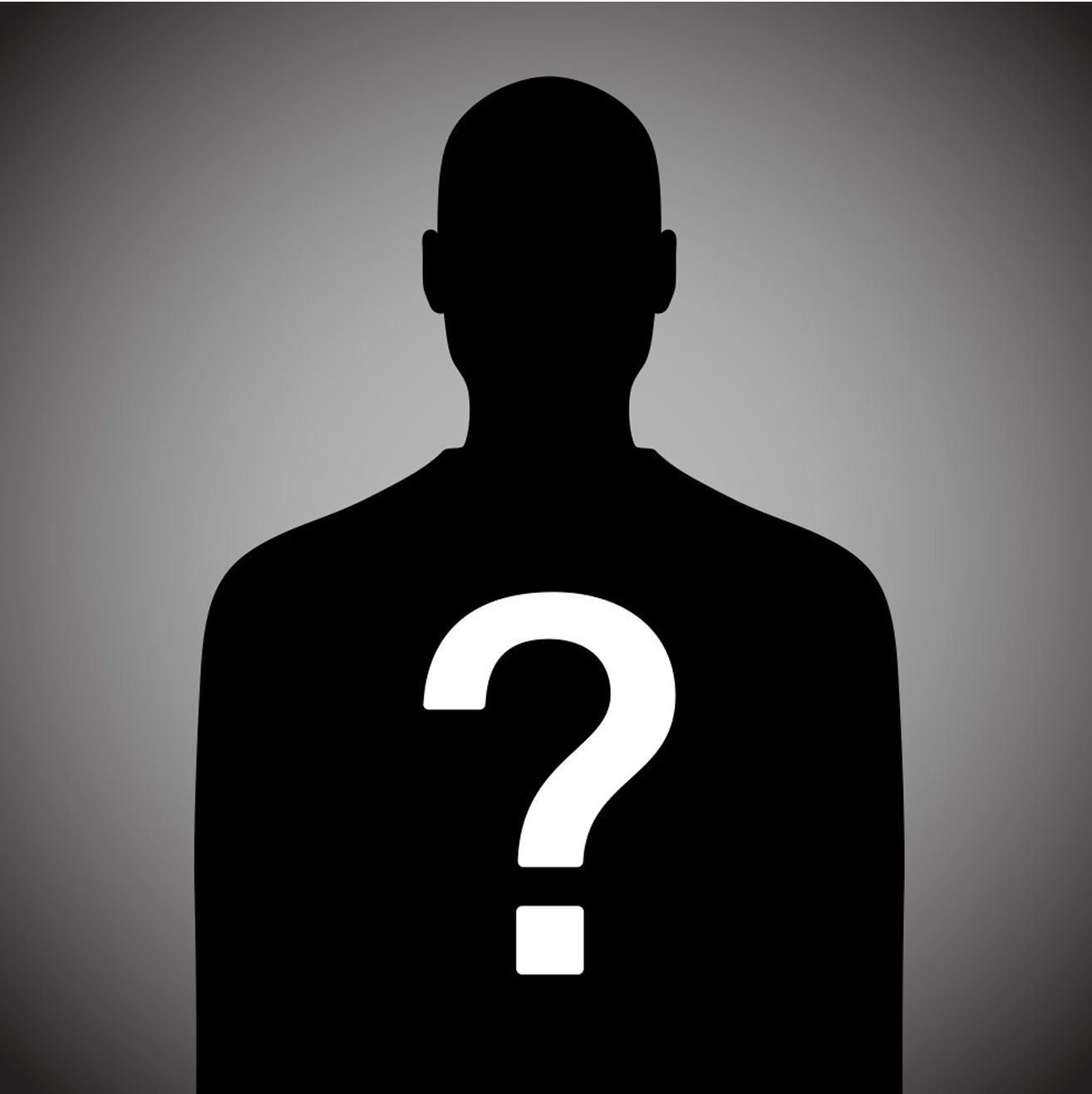 Black silhouette of a person with a large white question mark on the chest against a gray background