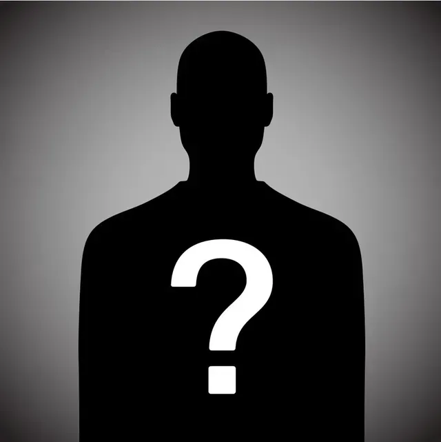 Black silhouette of a person with a white question mark on the chest against a gray background