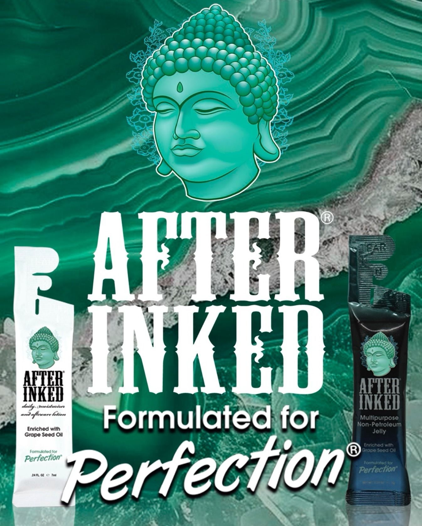 After Inked haircare ad with turquoise Buddha, green marble background, and two product bottles