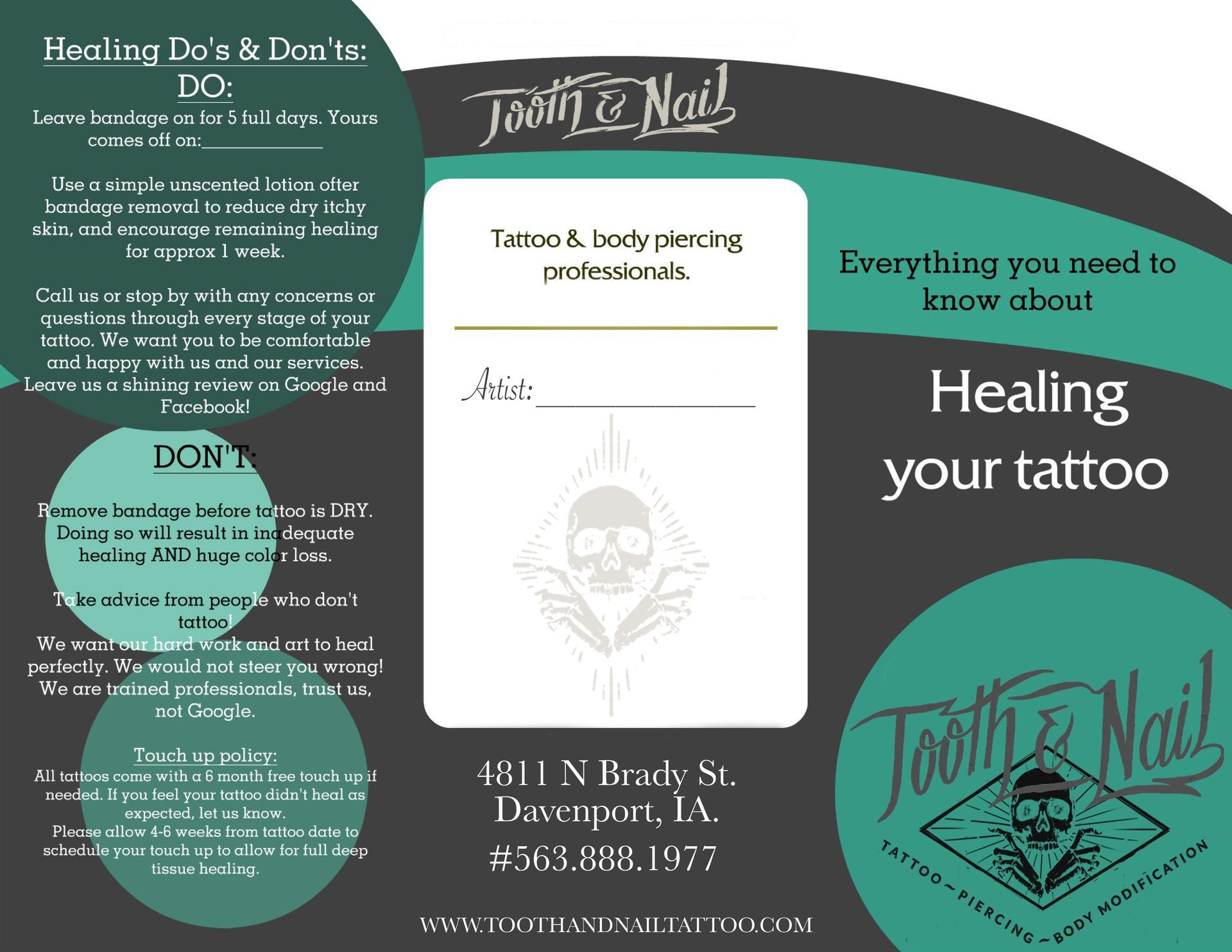 Tattoo aftercare flyer with teal and black sections, healing instructions, and Tooth n Nail branding