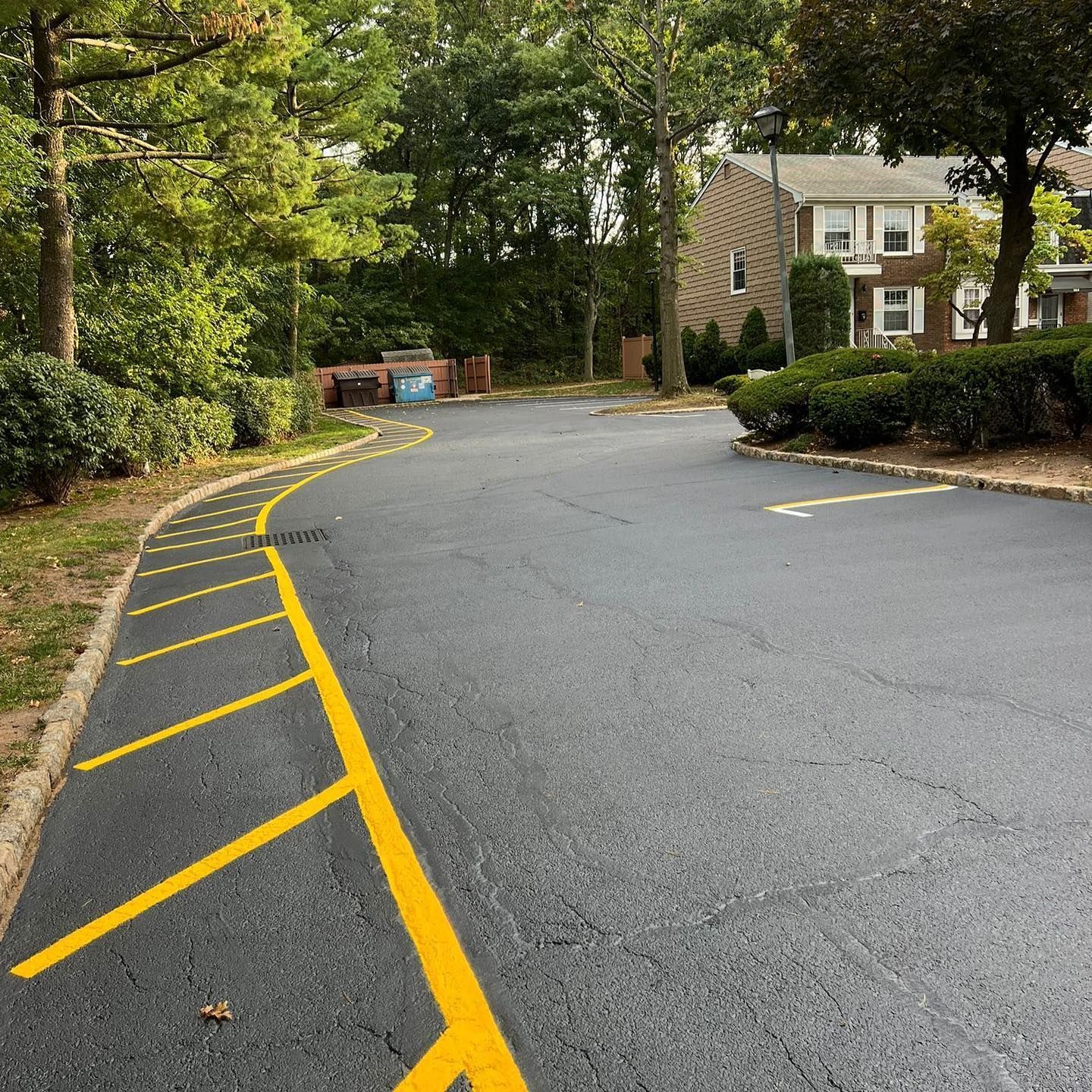 Asphalt driveway with yellow parking lines, trees, bushes, and a building in the background.