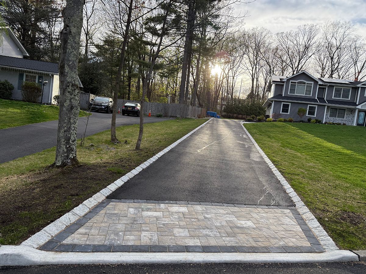 Asphalt driveway with gray brick border. Sunlight shines through trees; two houses visible.