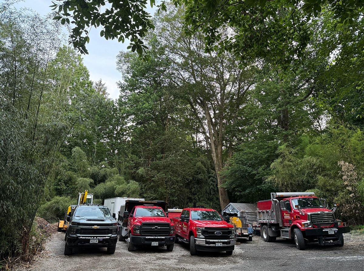 Vehicles parked on a gravel drive, surrounded by trees. Red trucks and a black truck are present.