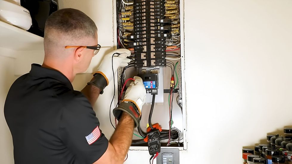 Electrician inspecting a breaker panel with a digital meter in a white utility room