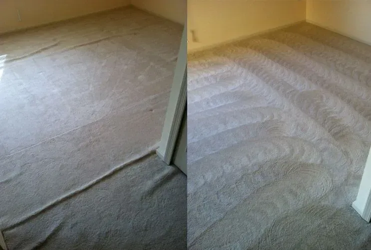 A before and after picture of a carpeted floor in a room.