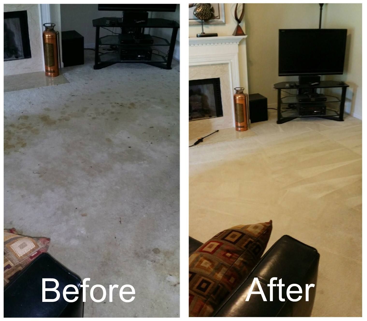 A before and after photo of a living room