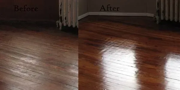 A before and after photo of a wooden floor.