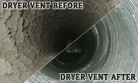A picture of a dryer vent before and after cleaning.