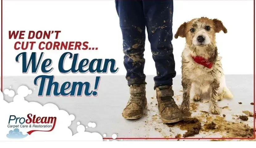 A person and a dog standing next to each other with the words we don t cut corners we clean them