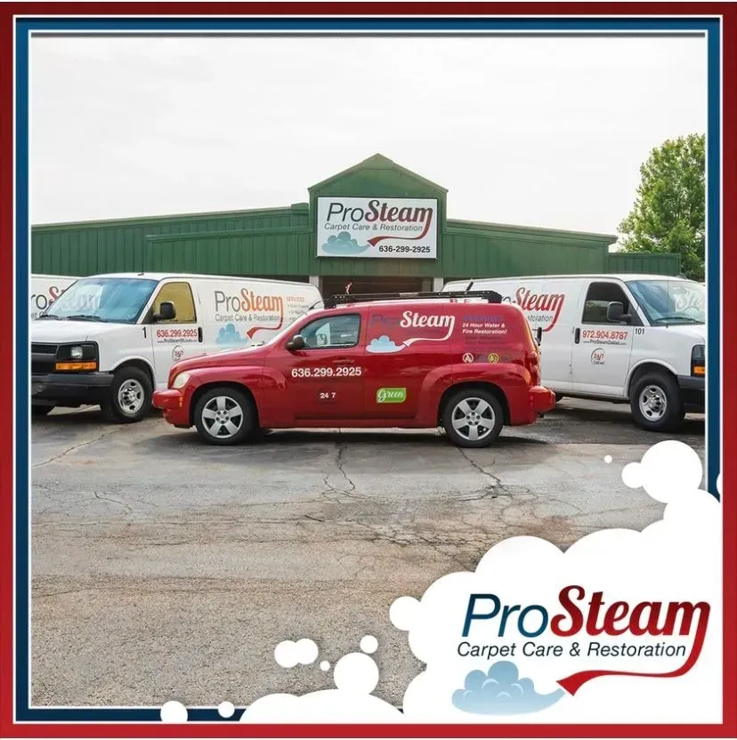 Three vans parked in front of a prosteam carpet care and restoration building