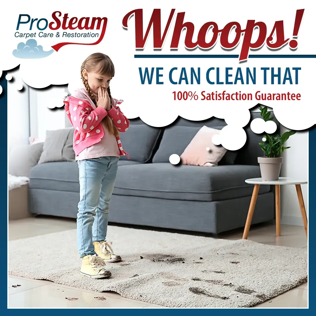 A little girl is standing on a dirty rug in front of a couch.