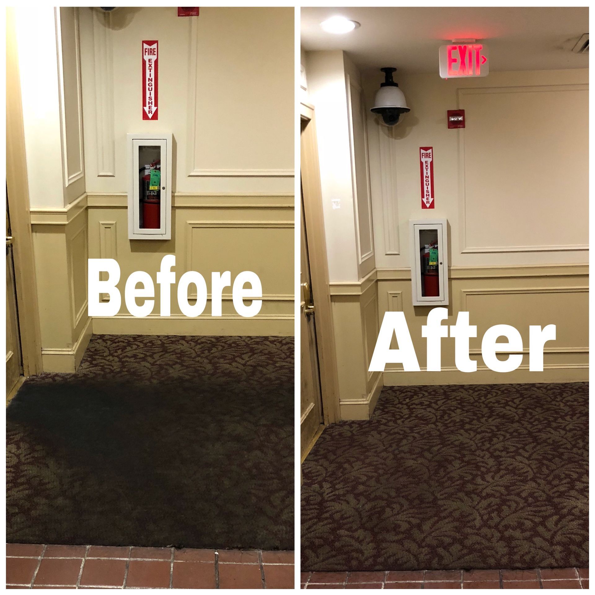 A before and after picture of a hallway with an exit sign