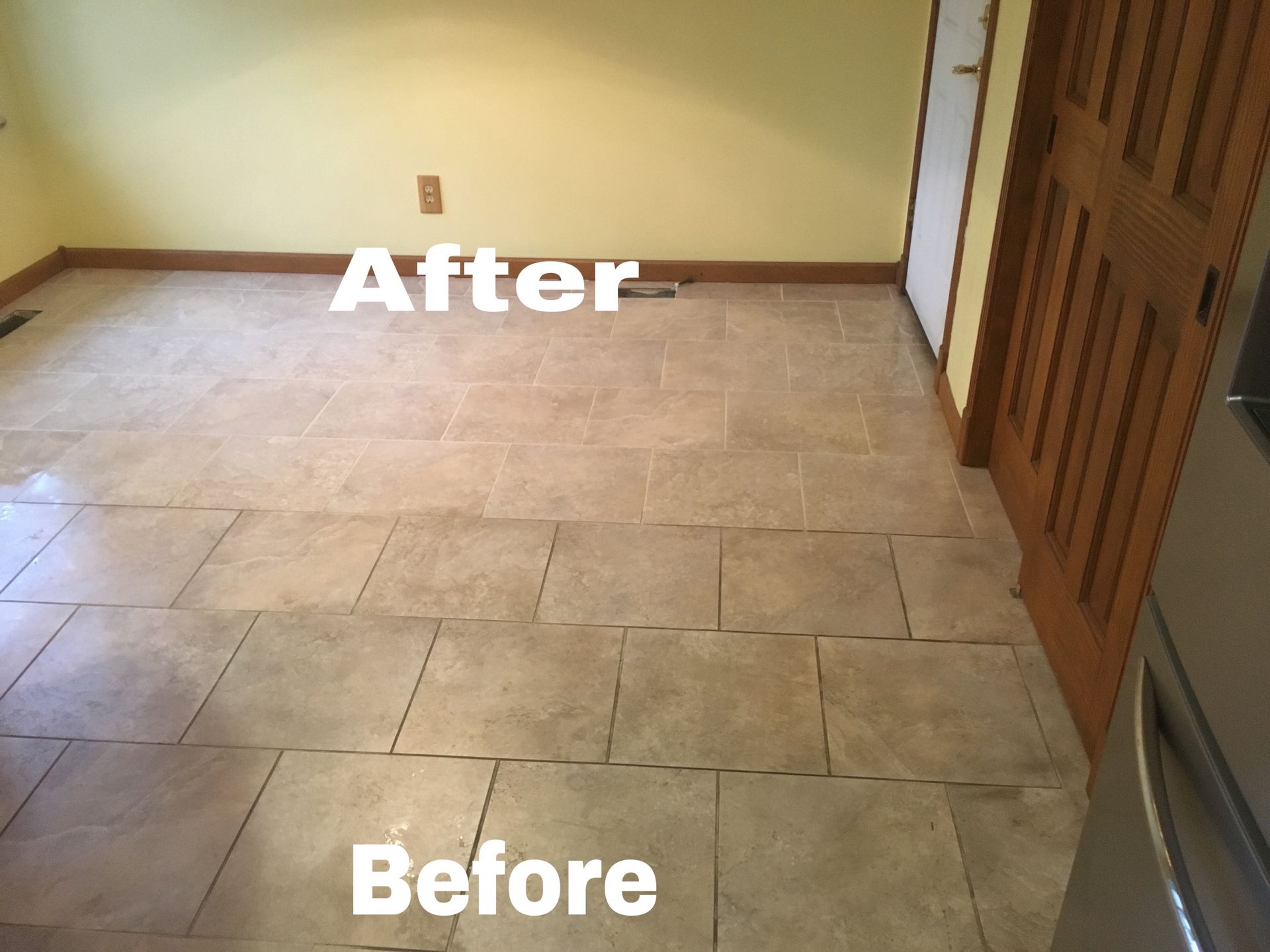 A before and after photo of a tiled floor