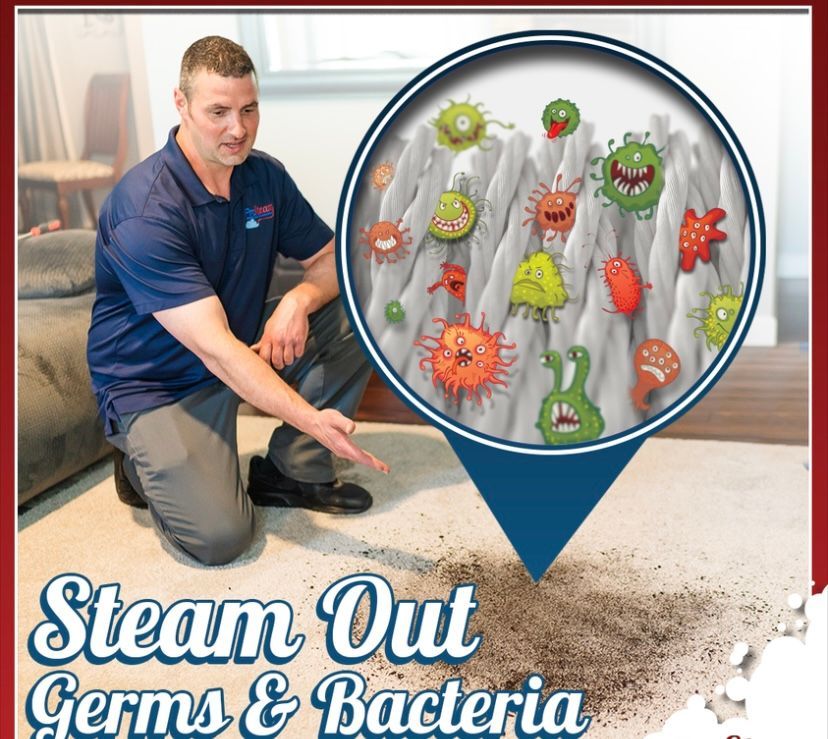 A man kneeling on the floor with a picture of germs and bacteria behind him