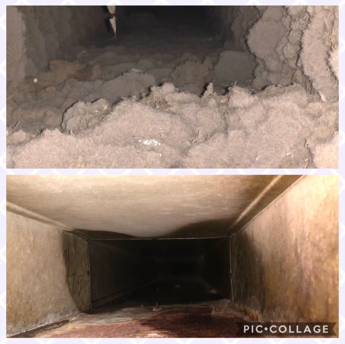 A before and after picture of a duct that has been cleaned.