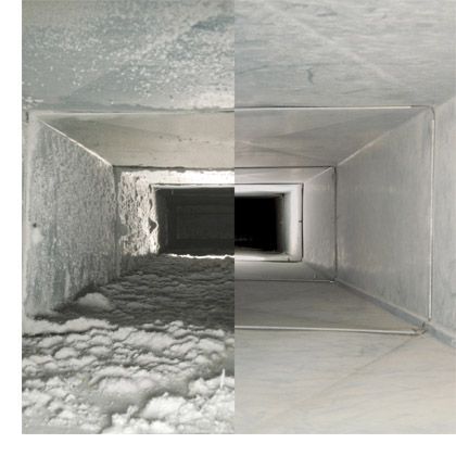 A before and after picture of a ventilation duct.