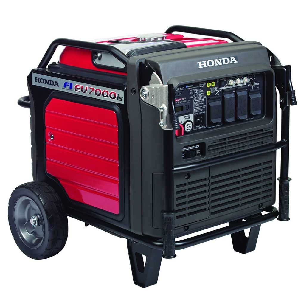 A black and red honda generator with wheels.