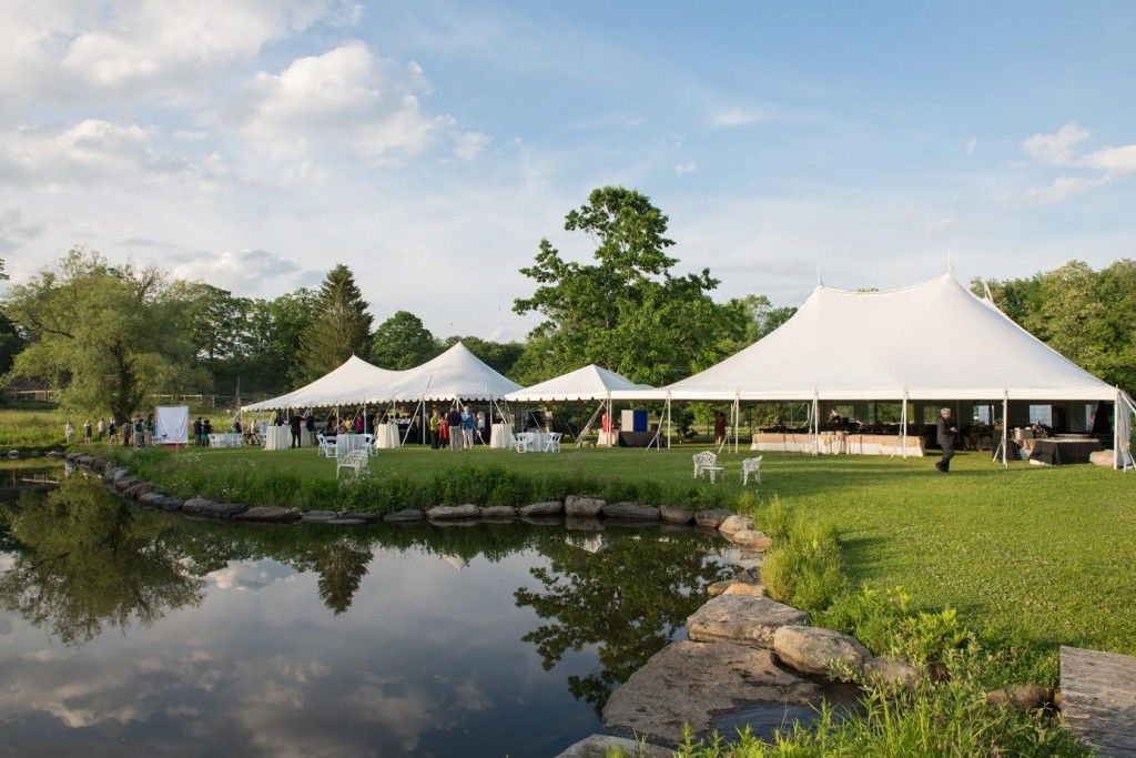 a group of tents are sitting on top of a lush green field next to a pond