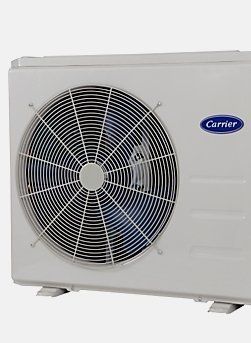 A white carrier air conditioner with a blue fan on a white background.