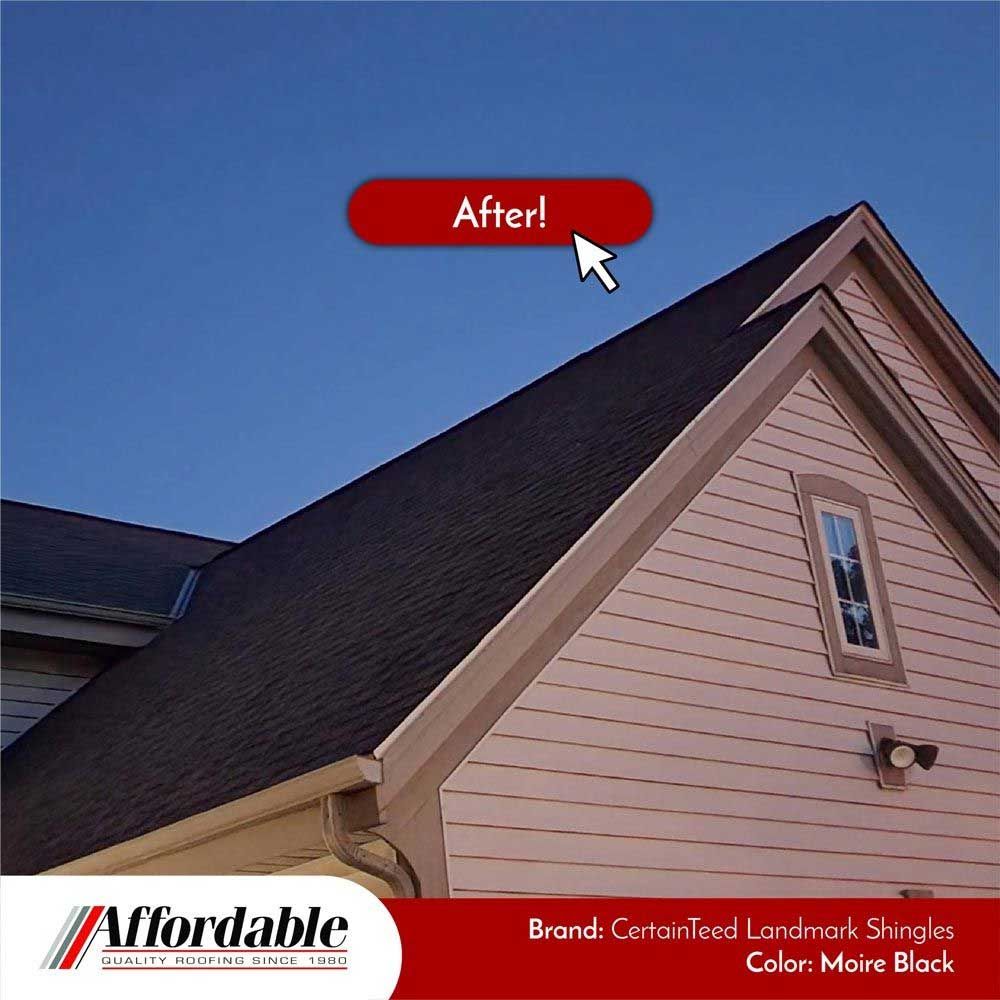 Newly shingled roof, CertainTeed Landmark Shingles, in Moire Black, on a house with beige siding.