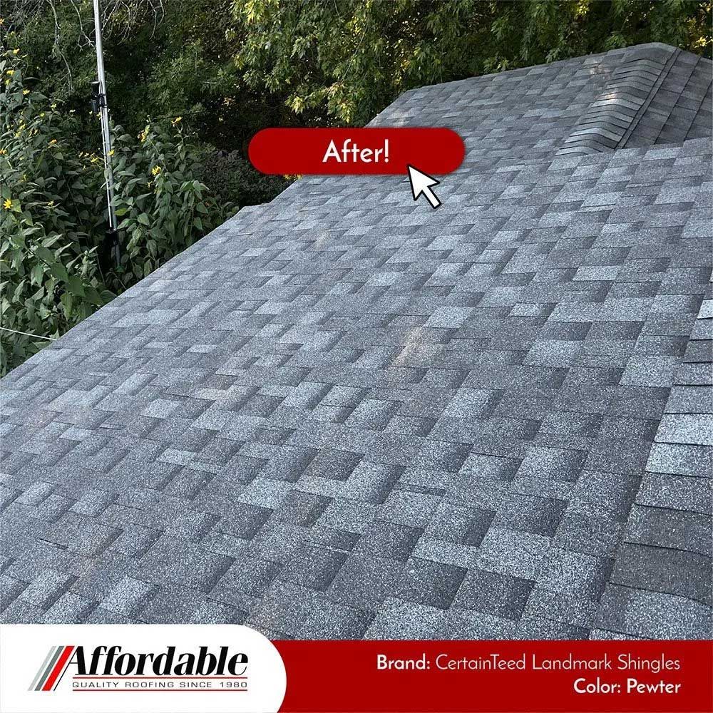 New gray shingle roof after replacement;