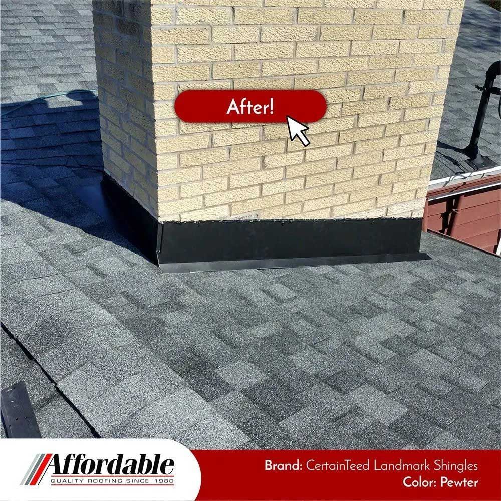 Chimney on a gray shingled roof with a black flashing; text says