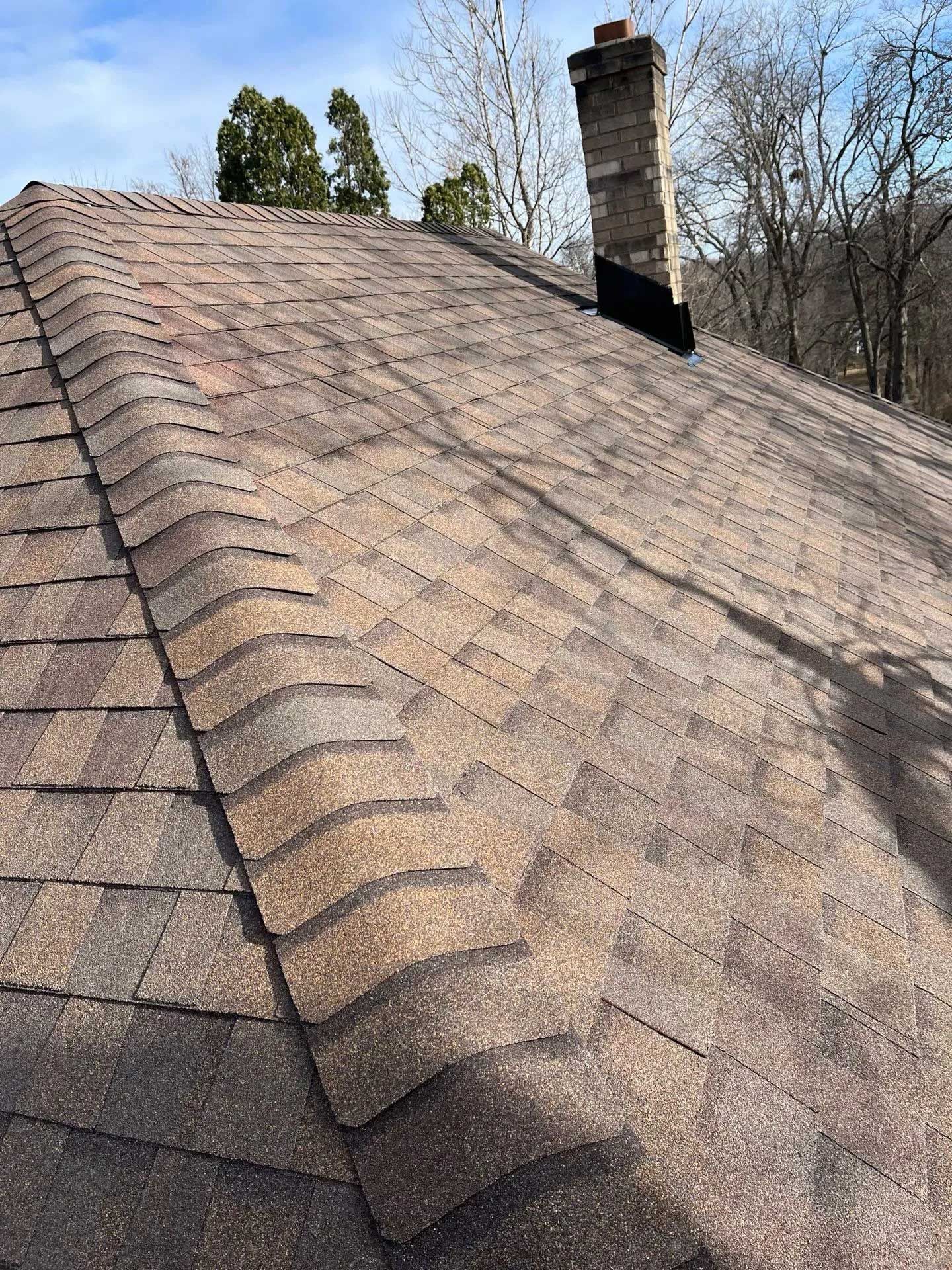 Brown asphalt shingle roof with chimney against a blue sky and bare trees.