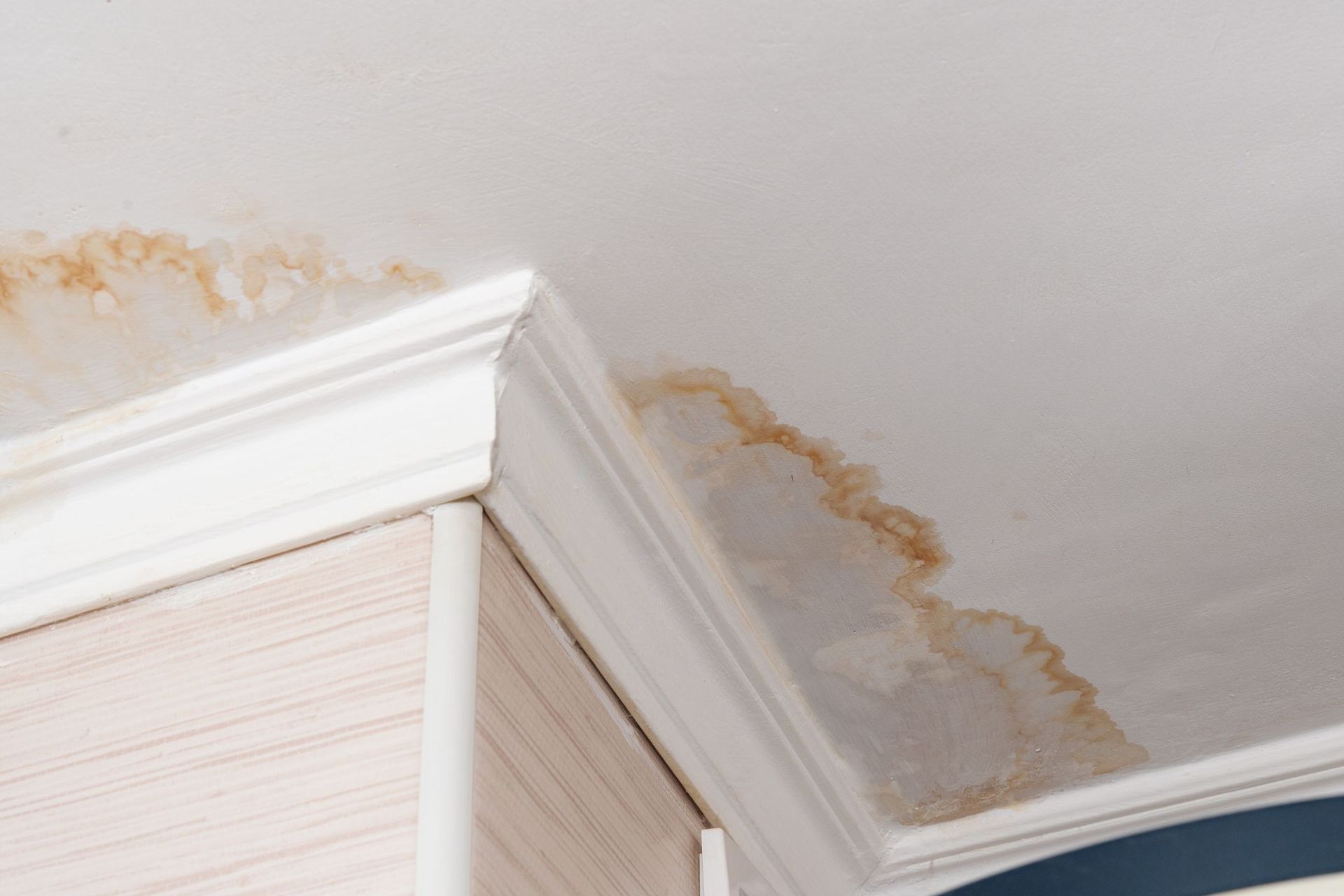 Water damage stains a white ceiling near crown molding and a cabinet.