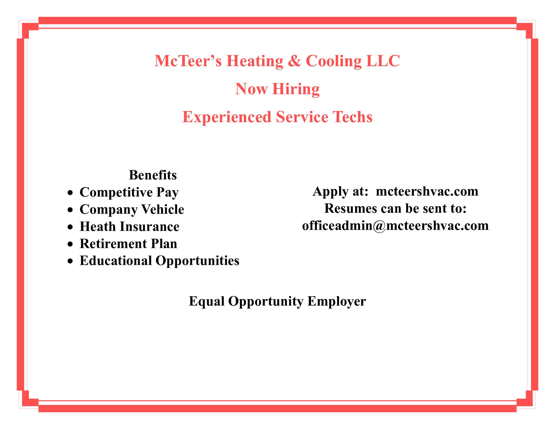 Job ad for experienced service techs