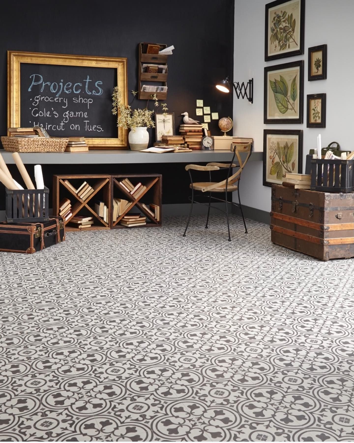 A room with a desk, chair, and a chalkboard that says projects on it.