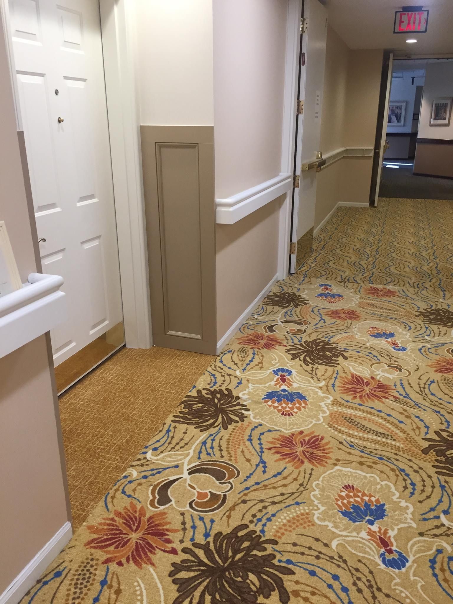 A long hallway with a floral carpet and a red exit sign.