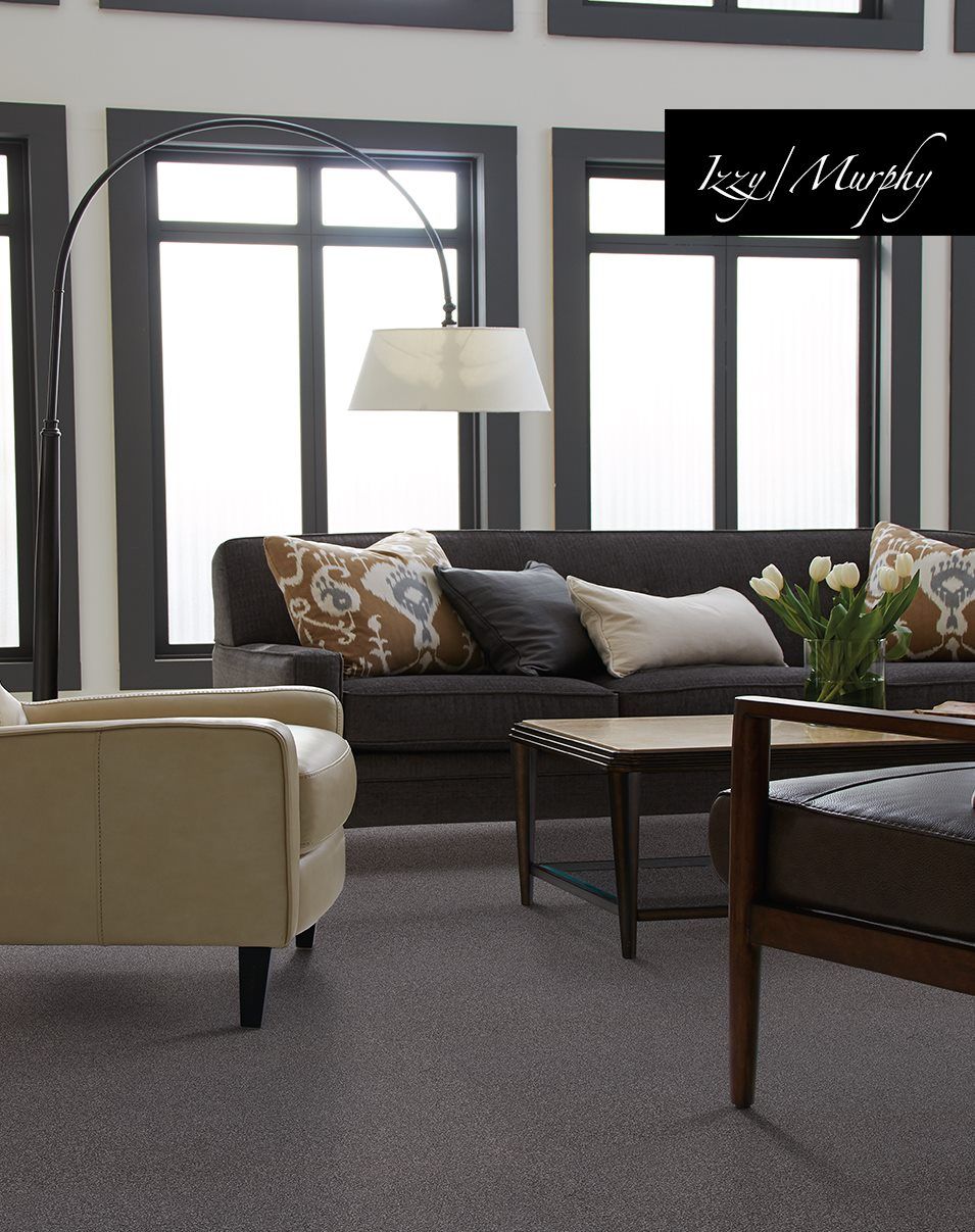 A living room with a couch a chair and a lamp