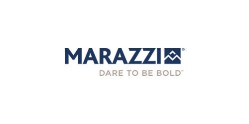 The logo for Marazzi is blue and white and says dare to be bold.
