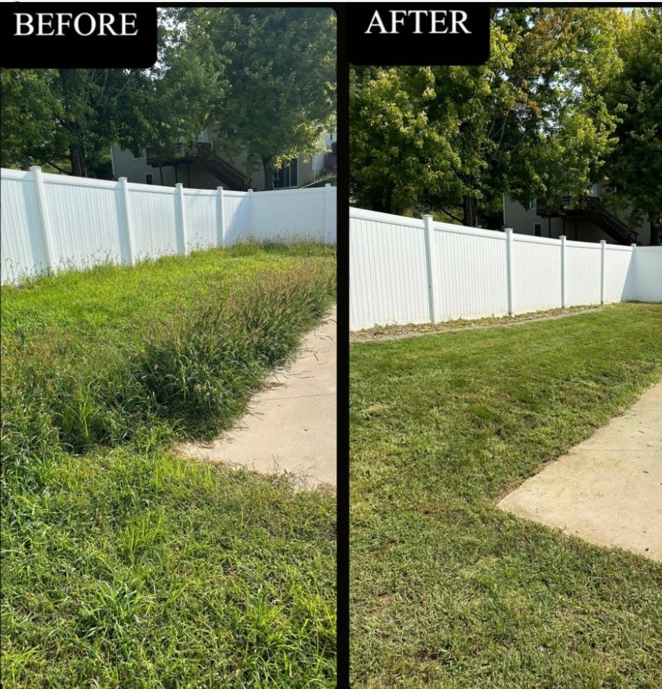Before-and-after yard: overgrown grass trimmed short along a white fence and sidewalk.