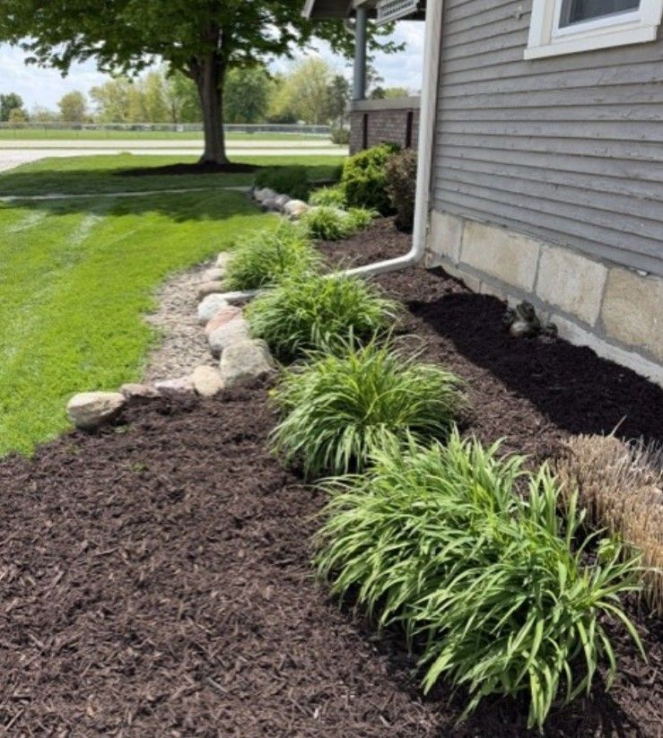 Landscaped garden bed with dark mulch and green plants along a house exterior and stone border.