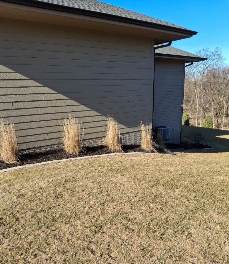 Tan house exterior with a row of ornamental grasses in front; black mulch bed, sunny day.